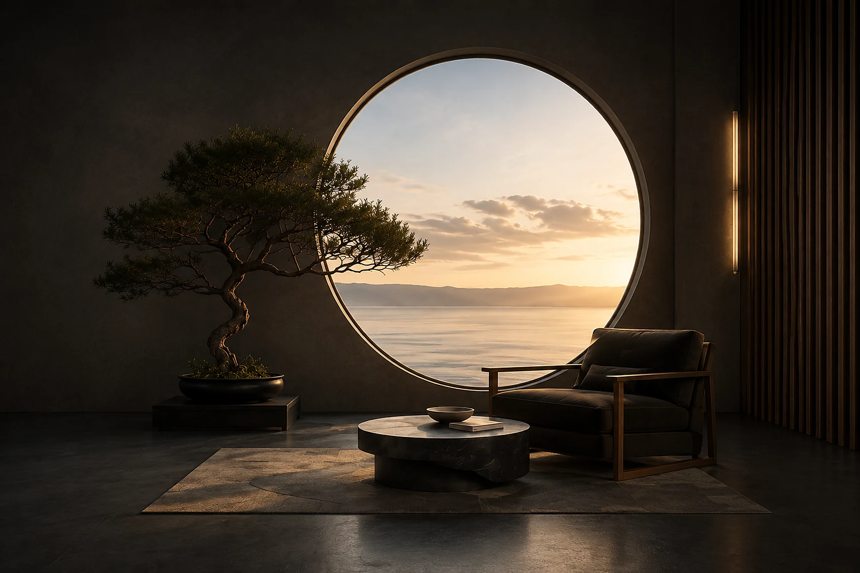 A quiet interior at dusk: a sculptural tree beside a tall circular window opening onto still water and a distant ridge.